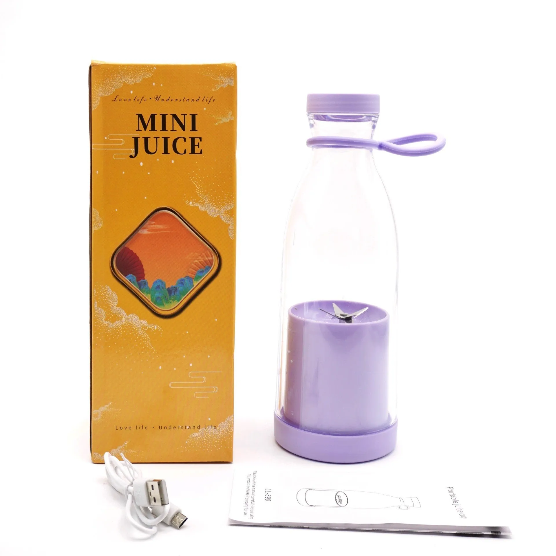 Electric USB wine bottle juicer cup with 6-leaf cutter head, 400ml, in white, PC food grade plastic liner