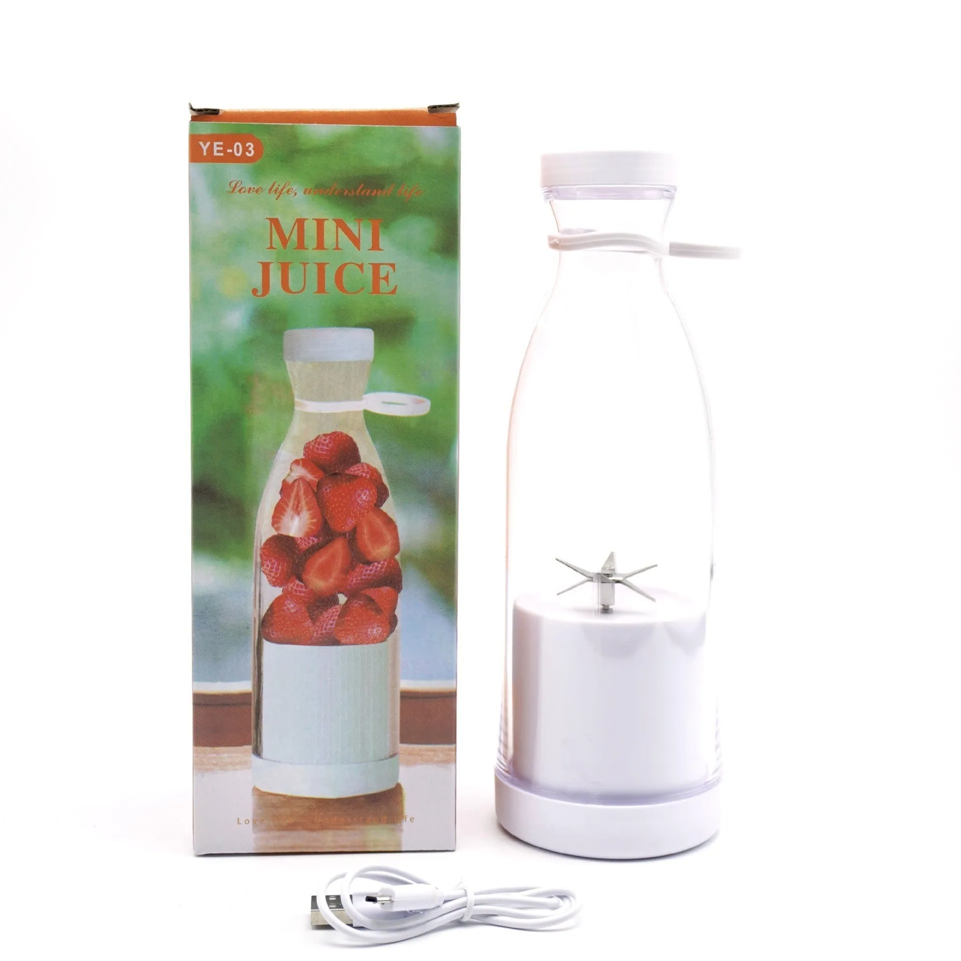 Electric USB wine bottle juicer cup with 6-leaf cutter head, 400ml, in white, PC food grade plastic liner