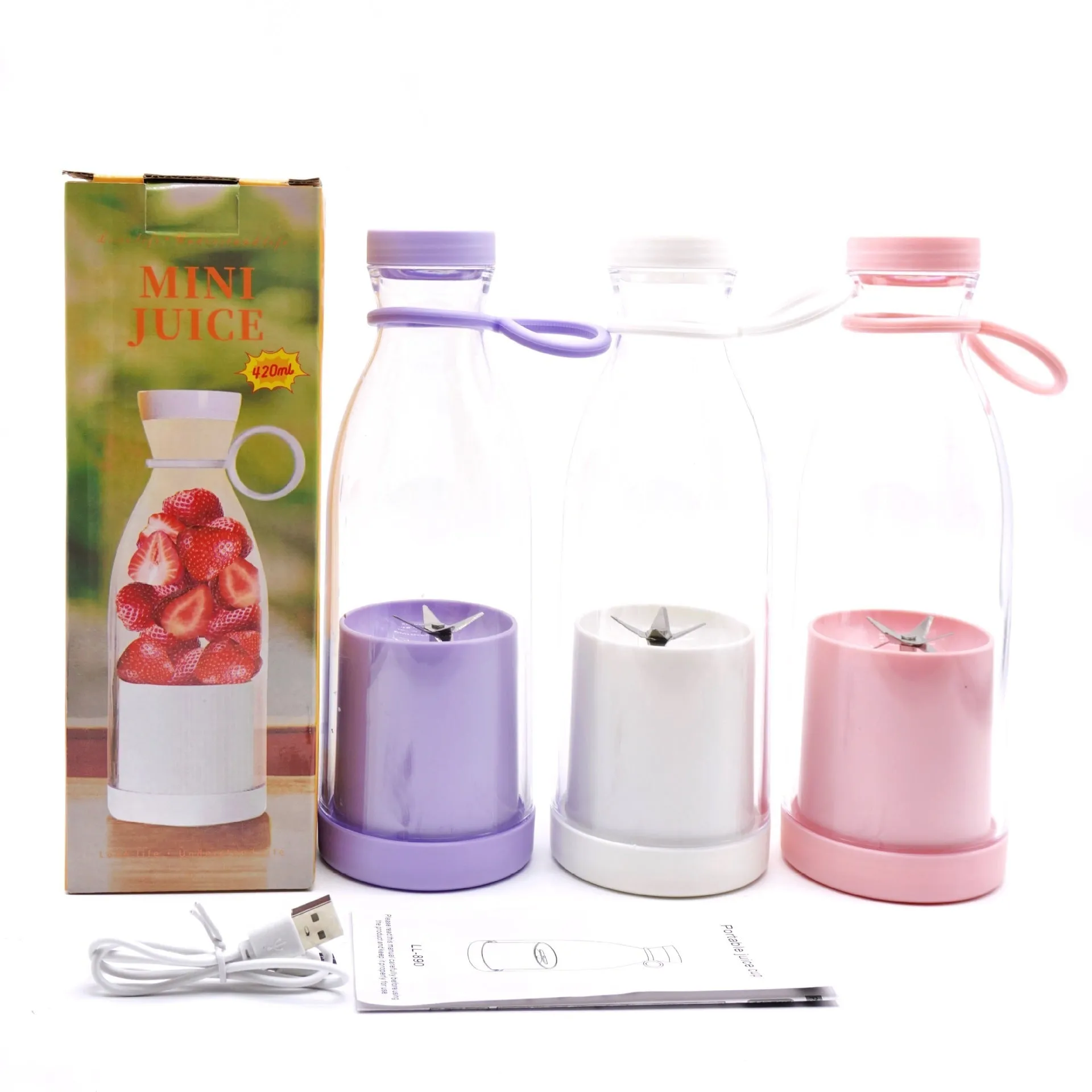 Electric USB wine bottle juicer cup with 6-leaf cutter head, 400ml, in white, PC food grade plastic liner