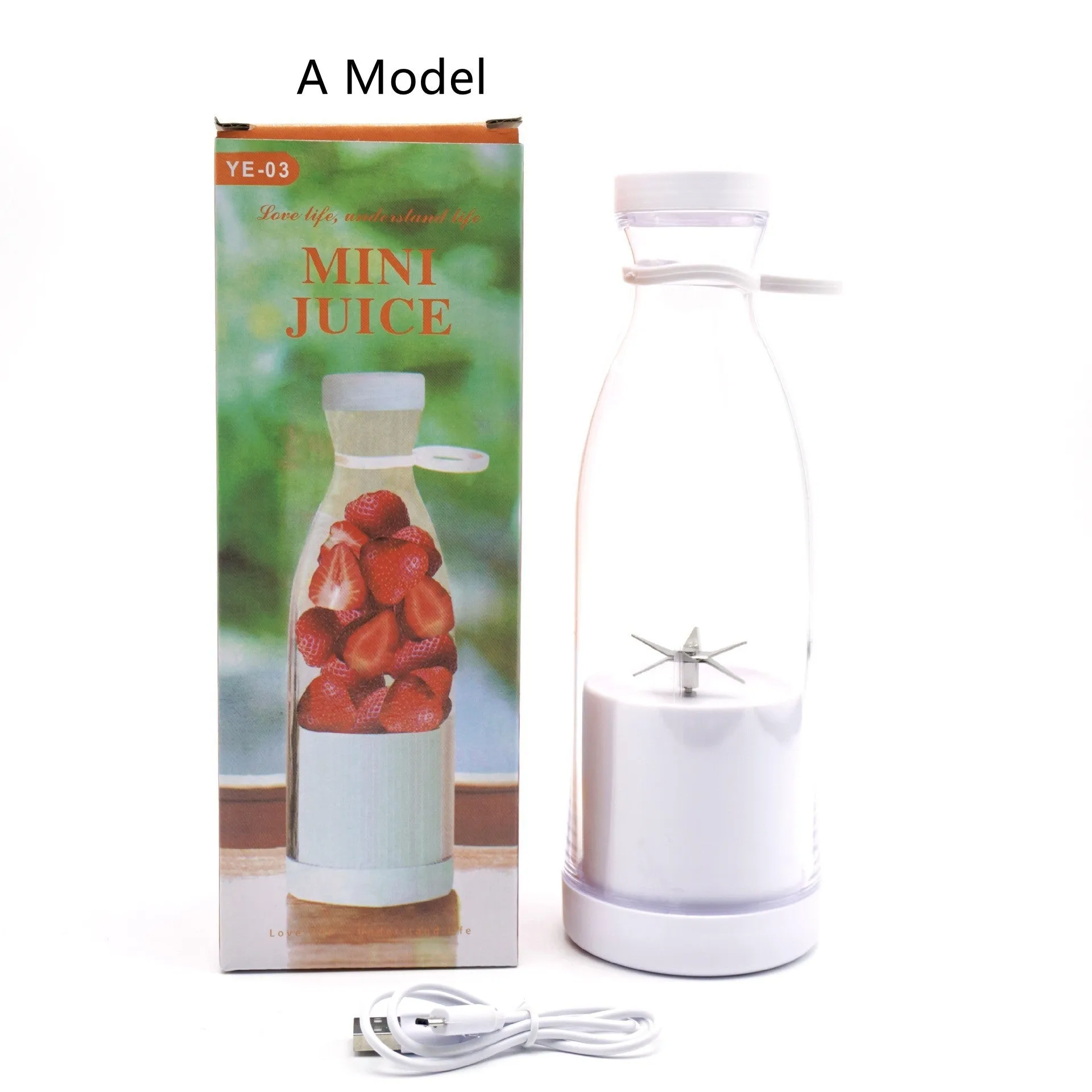 Electric USB wine bottle juicer cup with 6-leaf cutter head, 400ml, in white, PC food grade plastic liner