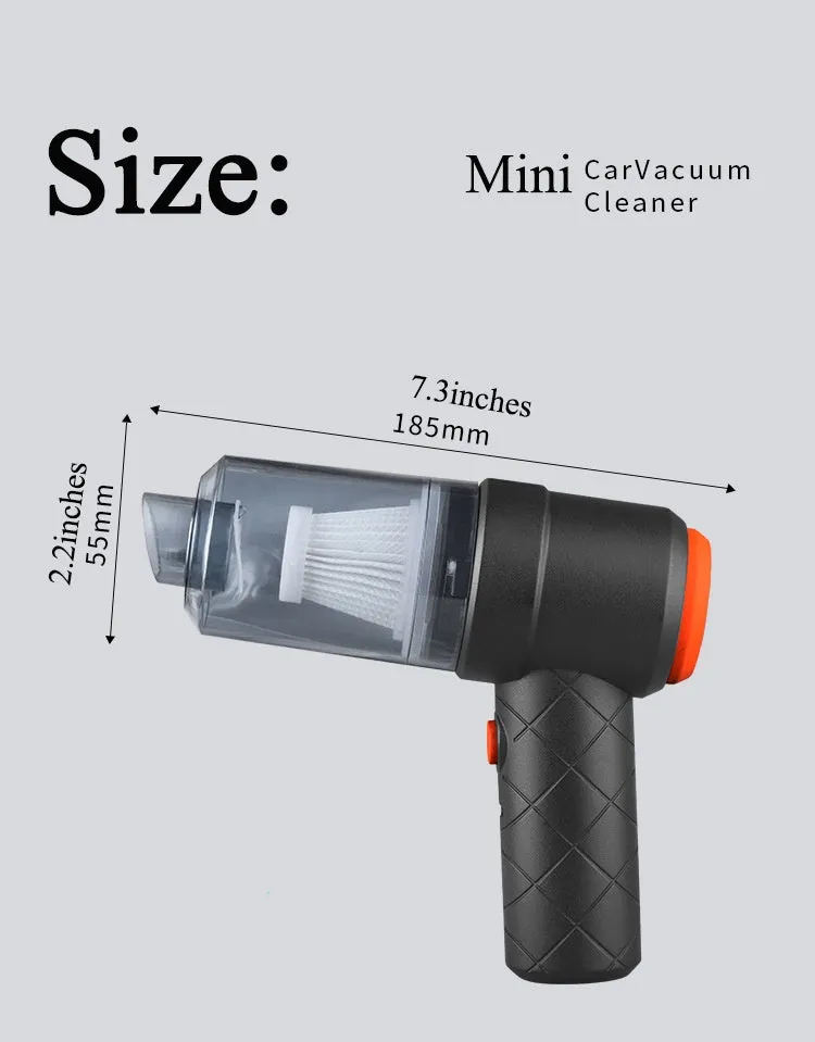 Mini car vacuum cleaner in black with brush attachment on car seat