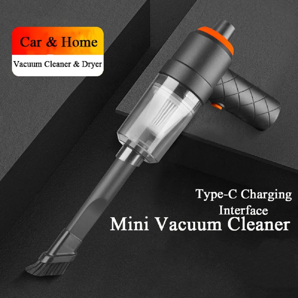 Mini car vacuum cleaner in black with brush attachment on car seat