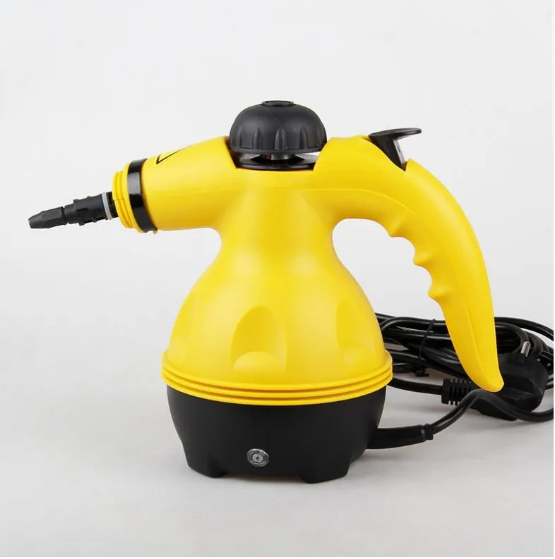 Yellow handheld steam cleaner with 450ml liner on a kitchen surface, 26x21cm size
