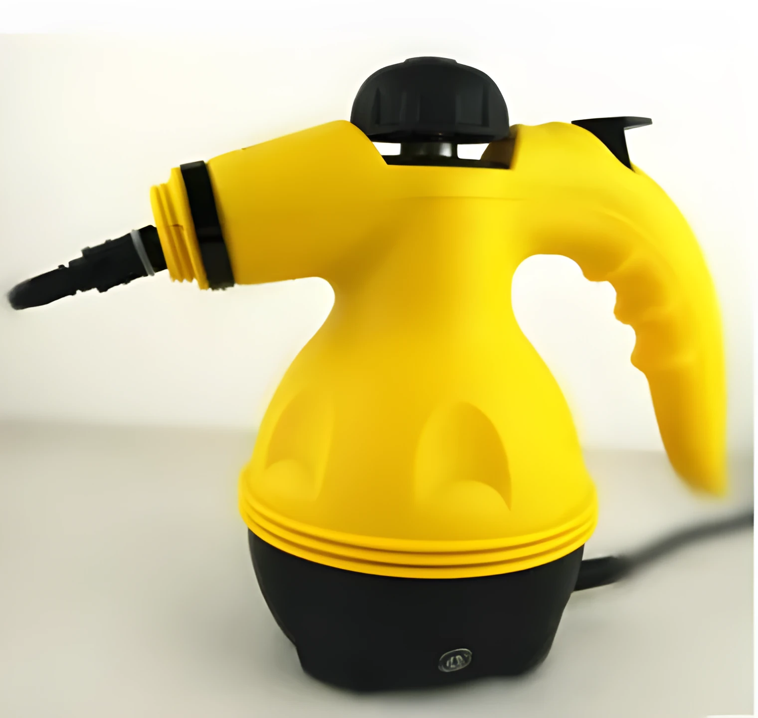 Yellow handheld steam cleaner with 450ml liner on a kitchen surface, 26x21cm size