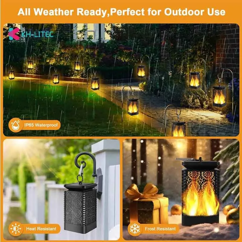 Set of four black solar-powered hanging torch lights with flickering flame LED effect in a garden setting