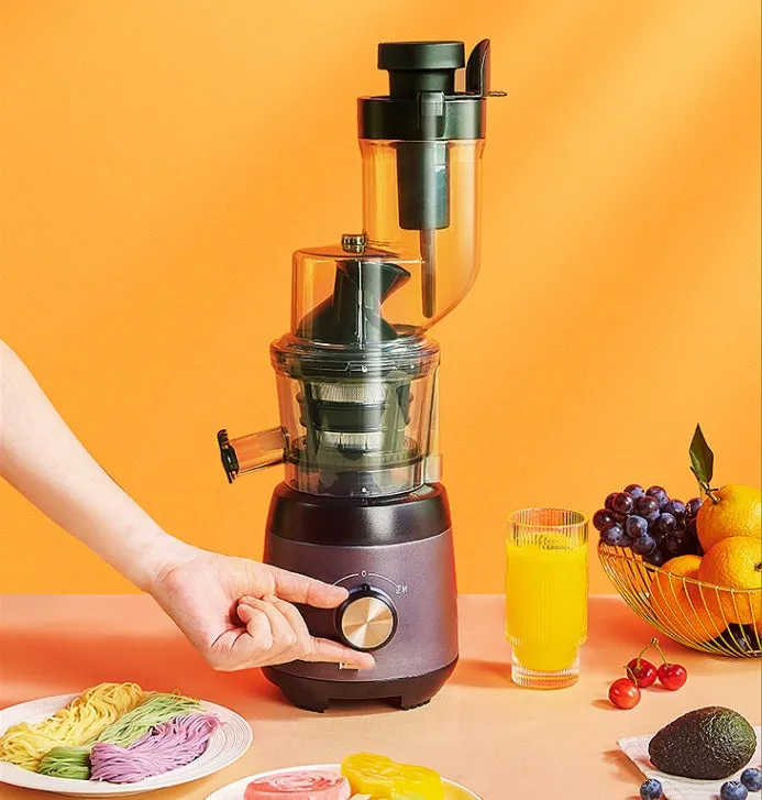 Grey juicing machine with multi-function separator, 90mm caliber, 600ml juice cup, slow 59 rpm extraction, US plug