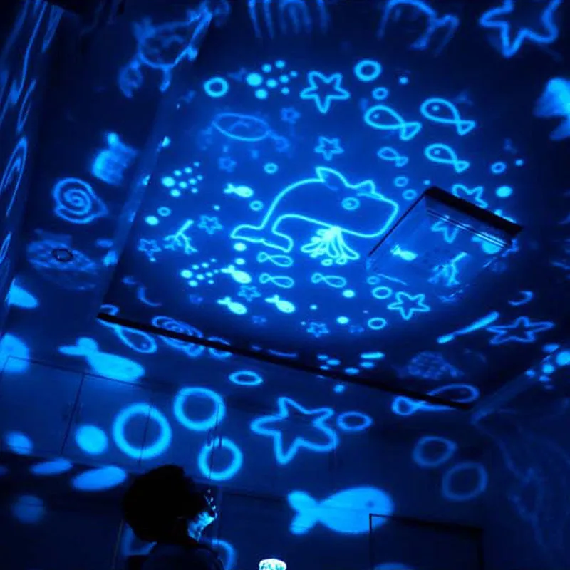 Sky Fall projector night light for kids showing constellation projection on a ceiling, USB powered, with five film discs