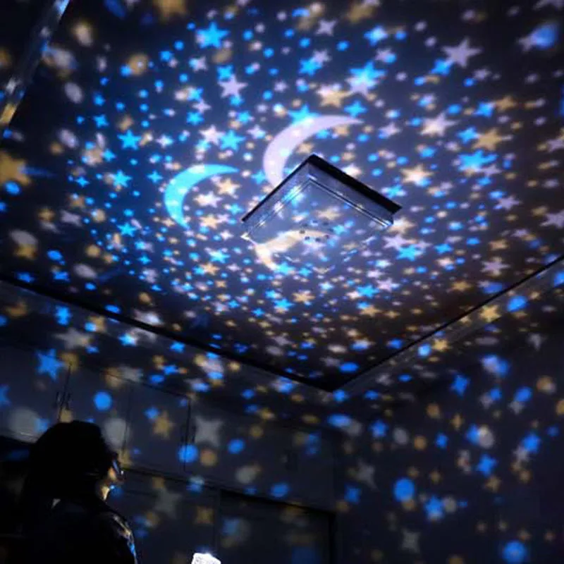 Sky Fall projector night light for kids showing constellation projection on a ceiling, USB powered, with five film discs