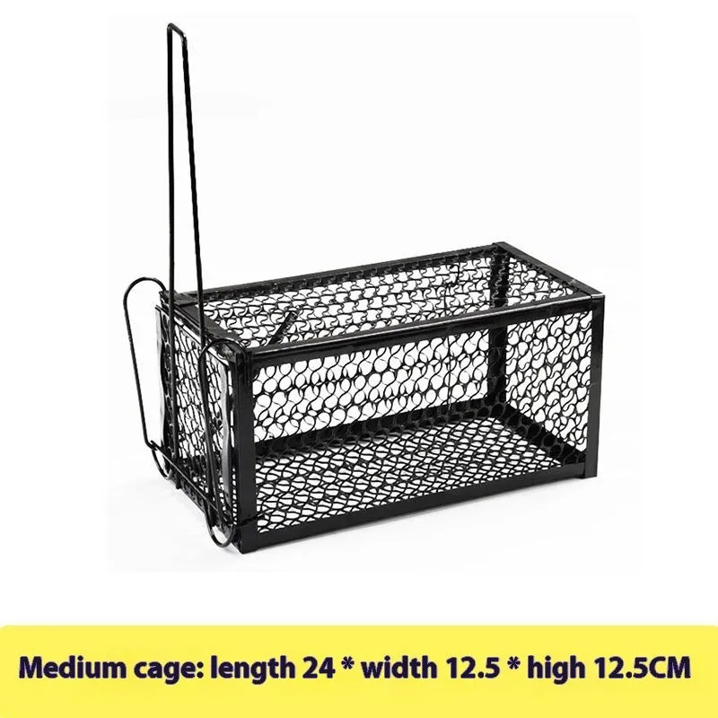 Automatic metal and plastic mouse cage trap in small, medium, and large sizes for indoor use.