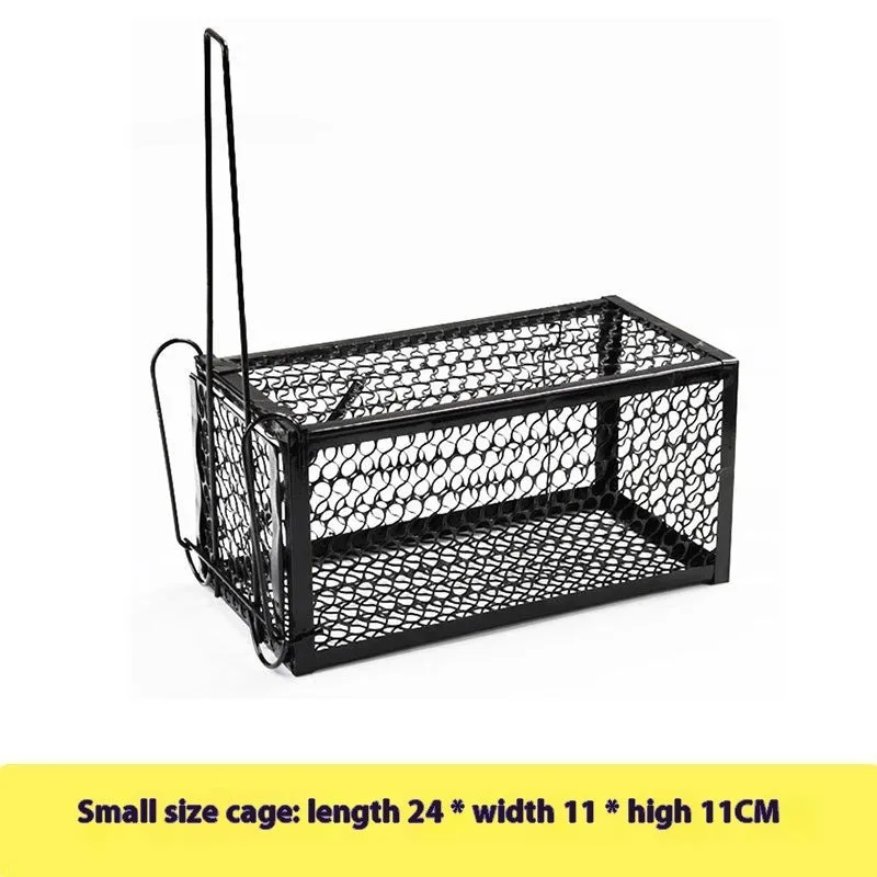 Automatic metal and plastic mouse cage trap in small, medium, and large sizes for indoor use.