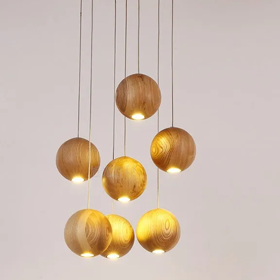 Nordic solid wood ball chandelier hanging lamp with adjustable cable