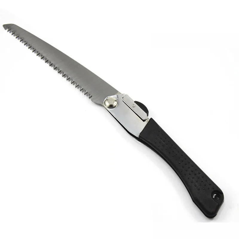 Black folding hacksaw with 210mm high carbon steel blade and PVC handle for gardening and camping