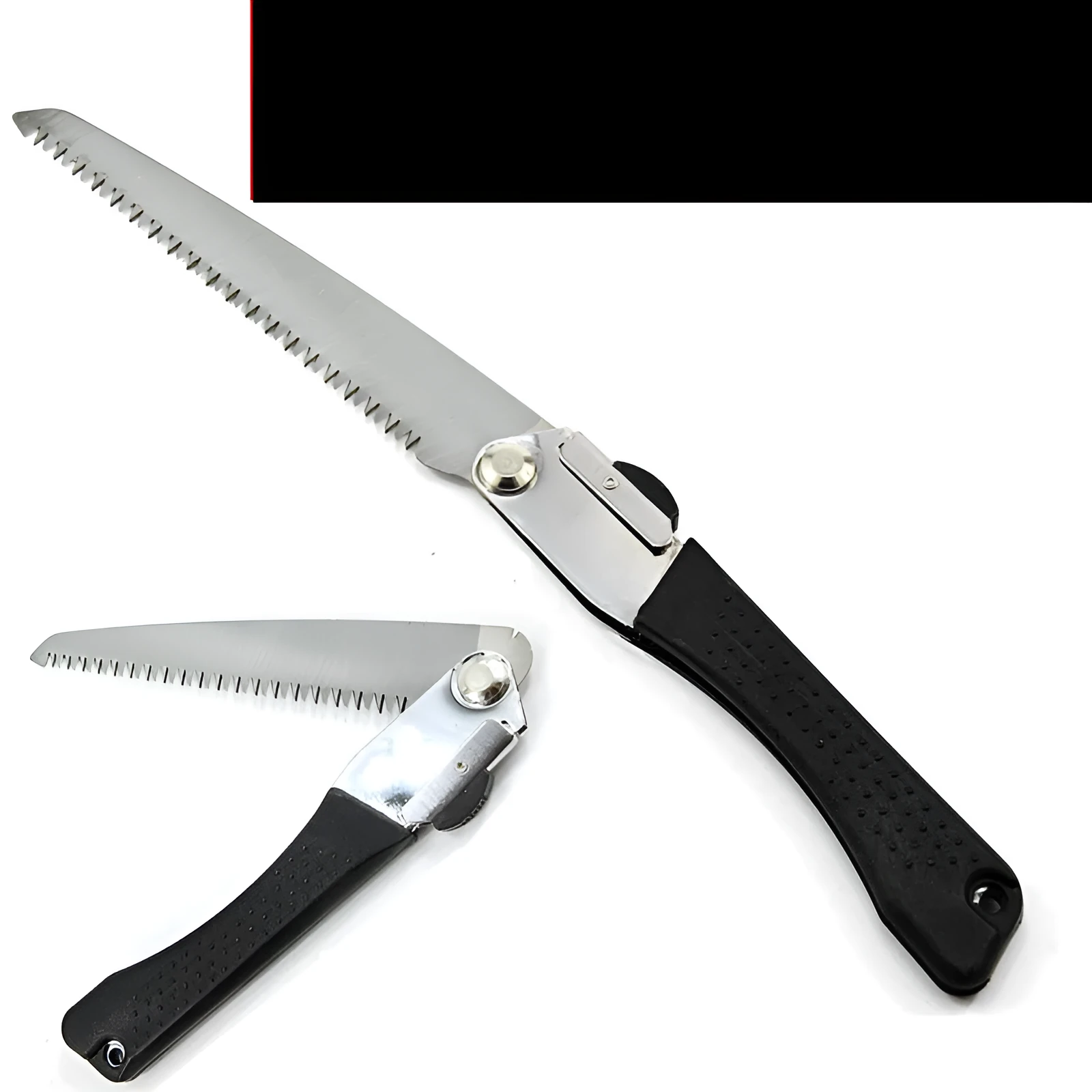 Black folding hacksaw with 210mm high carbon steel blade and PVC handle for gardening and camping