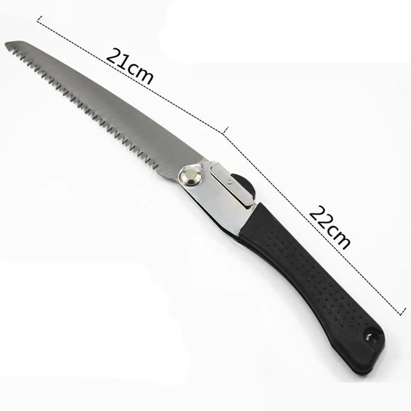 Black folding hacksaw with 210mm high carbon steel blade and PVC handle for gardening and camping