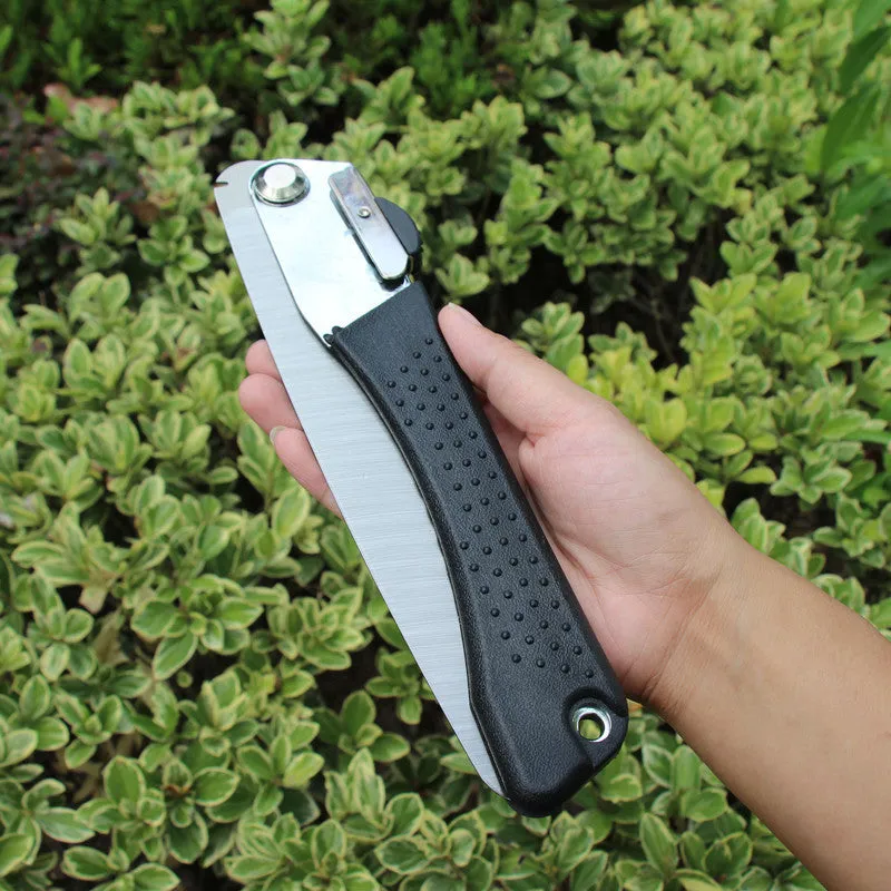 Black folding hacksaw with 210mm high carbon steel blade and PVC handle for gardening and camping