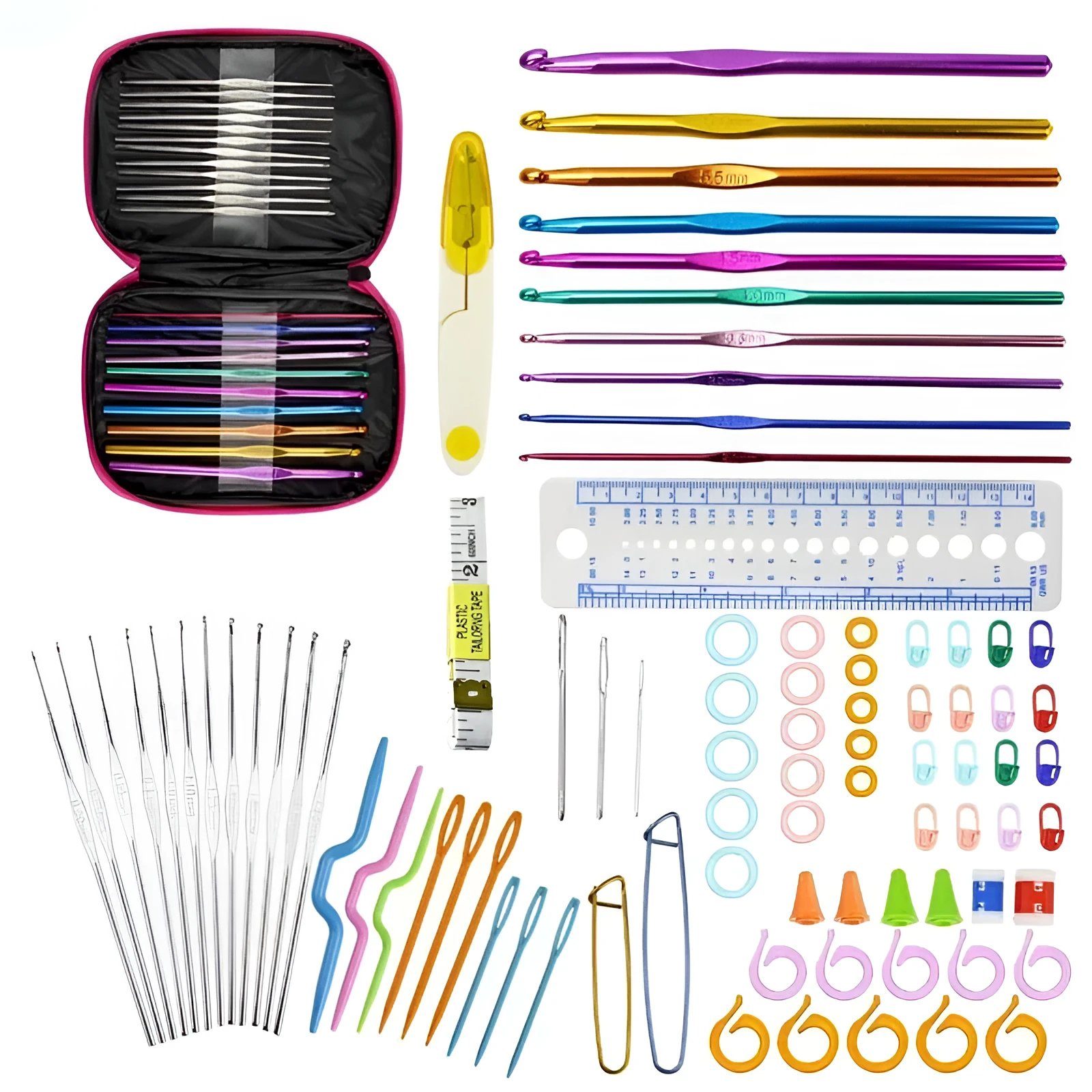 23 stainless steel crochet hooks in various metric sizes from 0.6mm to 8.0mm, random single colour finish