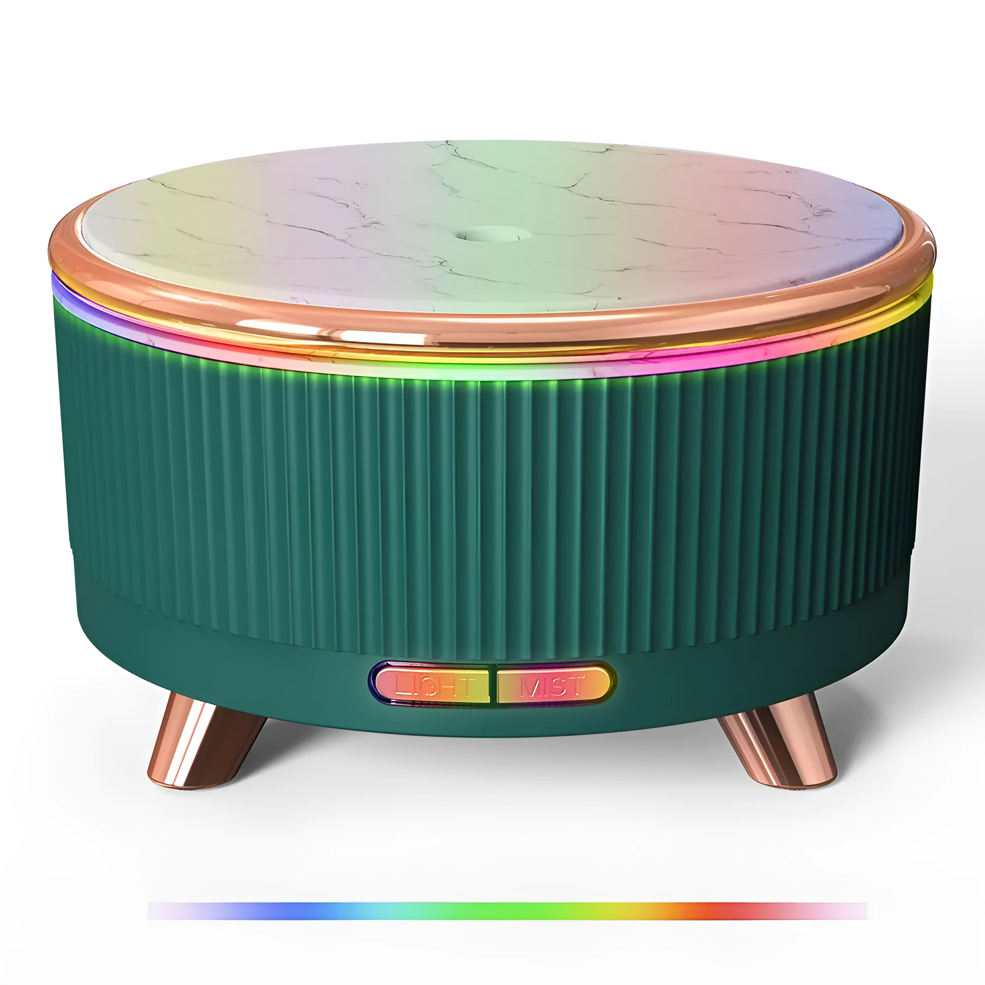 Ultrasonic aroma diffuser with 500ml tank, wood-grain finish, round shape, in green colour