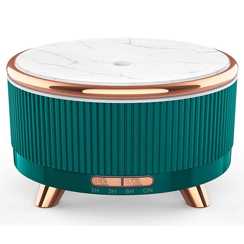 Ultrasonic aroma diffuser with 500ml tank, wood-grain finish, round shape, in green colour