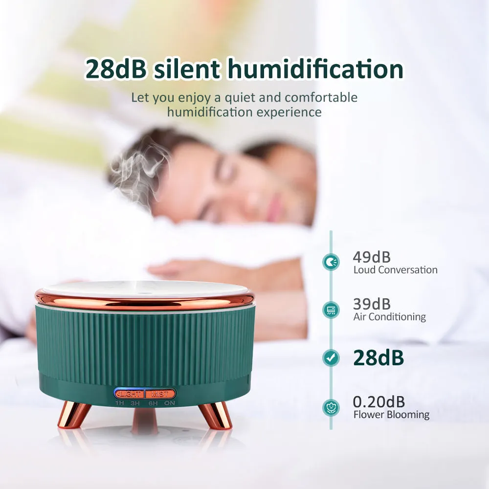 Ultrasonic aroma diffuser with 500ml tank, wood-grain finish, round shape, in green colour