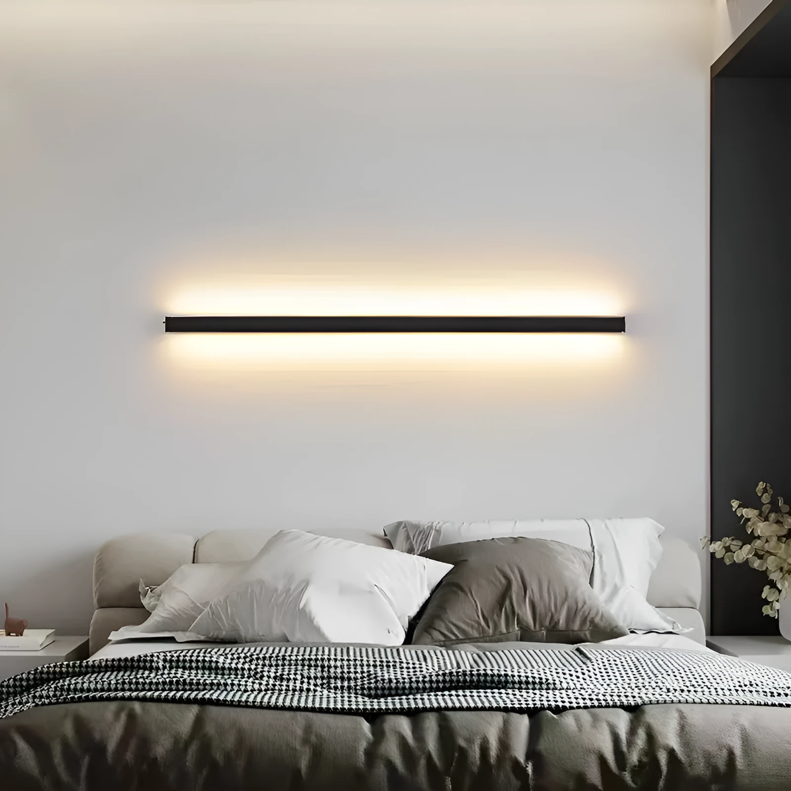 80cm long black linear LED wall lamp with touch control for three light colours on a plain wall.