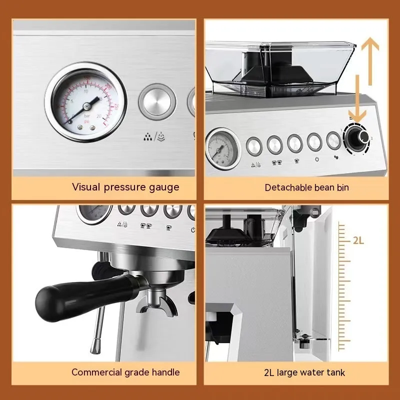 Italian fully automatic coffee machine silver gray with 20Bar pump, 2L water tank, and steam pitcher on countertop
