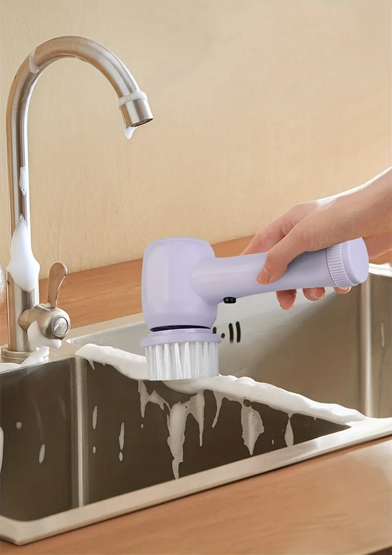 5-in-1 electric rotary brush cleaner with interchangeable heads for bathroom sink kitchen and window cleaning in white