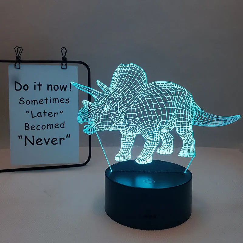 Colourful cartoon dinosaur LED desk lamp with remote control and acrylic lampshade on a black base