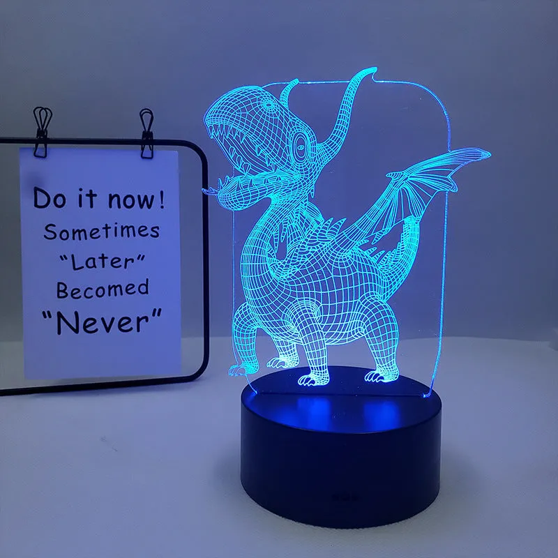 Colourful cartoon dinosaur LED desk lamp with remote control and acrylic lampshade on a black base