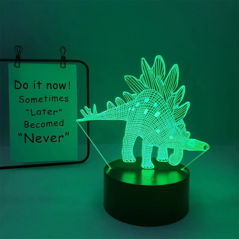 Colourful cartoon dinosaur LED desk lamp with remote control and acrylic lampshade on a black base