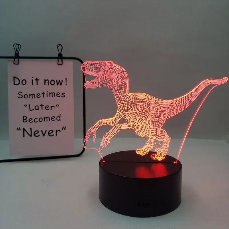 Colourful cartoon dinosaur LED desk lamp with remote control and acrylic lampshade on a black base