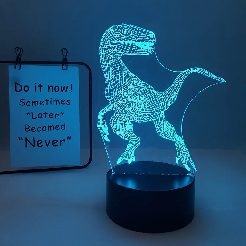 Colourful cartoon dinosaur LED desk lamp with remote control and acrylic lampshade on a black base