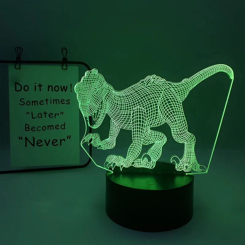 Colourful cartoon dinosaur LED desk lamp with remote control and acrylic lampshade on a black base