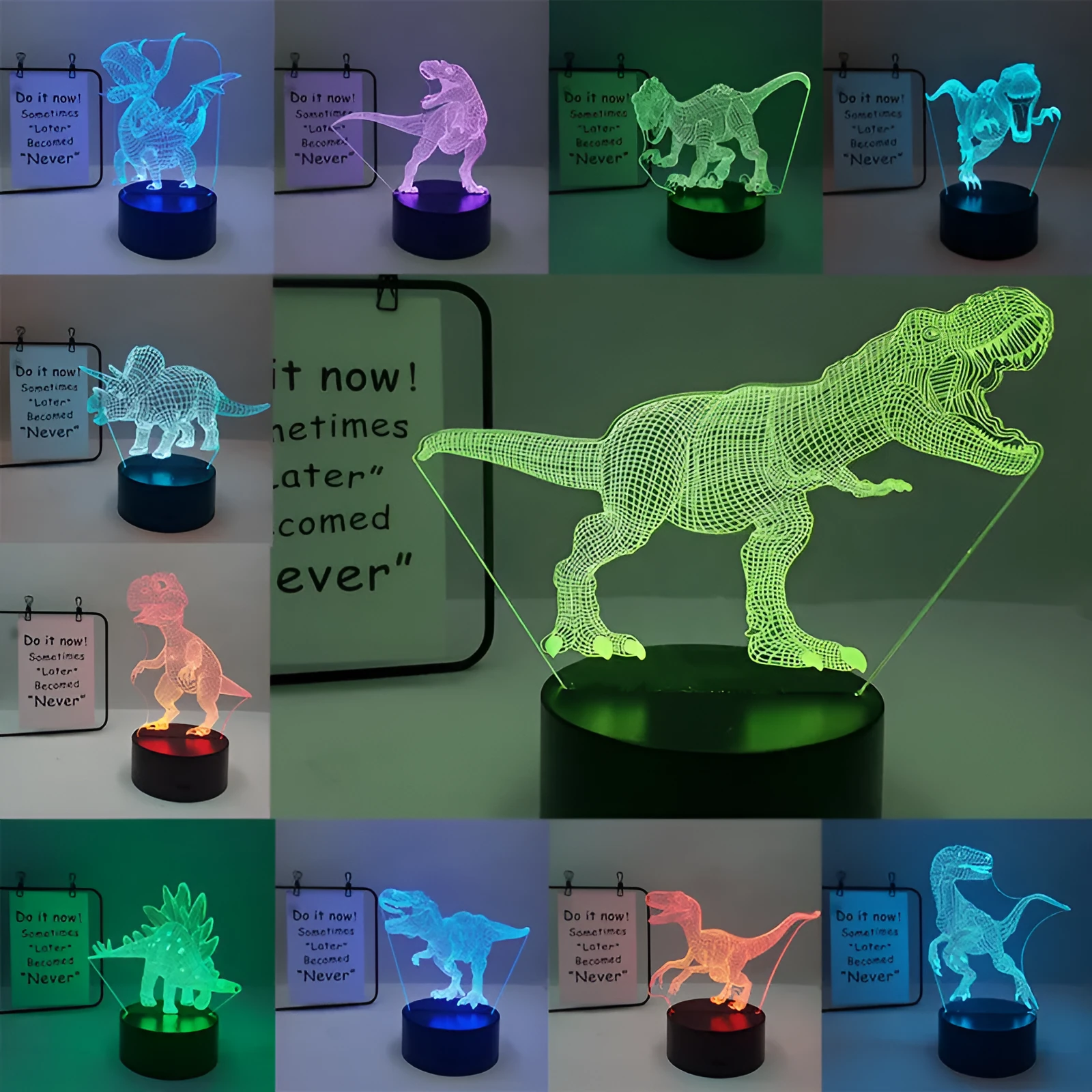 Colourful cartoon dinosaur LED desk lamp with remote control and acrylic lampshade on a black base
