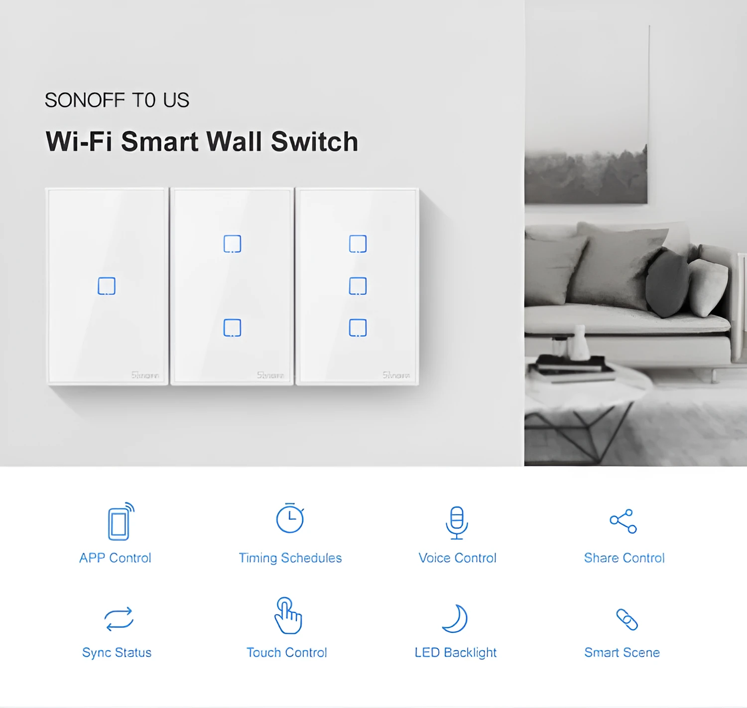 Smart wall switch with tempered glass touch panel, 120mm mounting hole spacing, white finish
