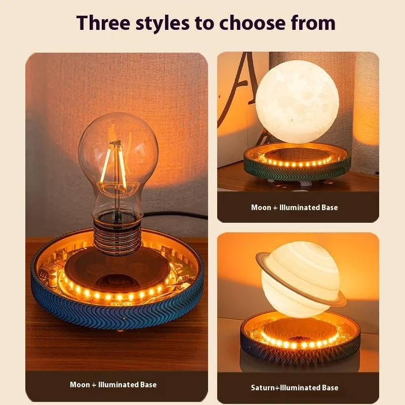 Small magnetic suspension night lamp in a 3D-printed moon design on a dark surface.