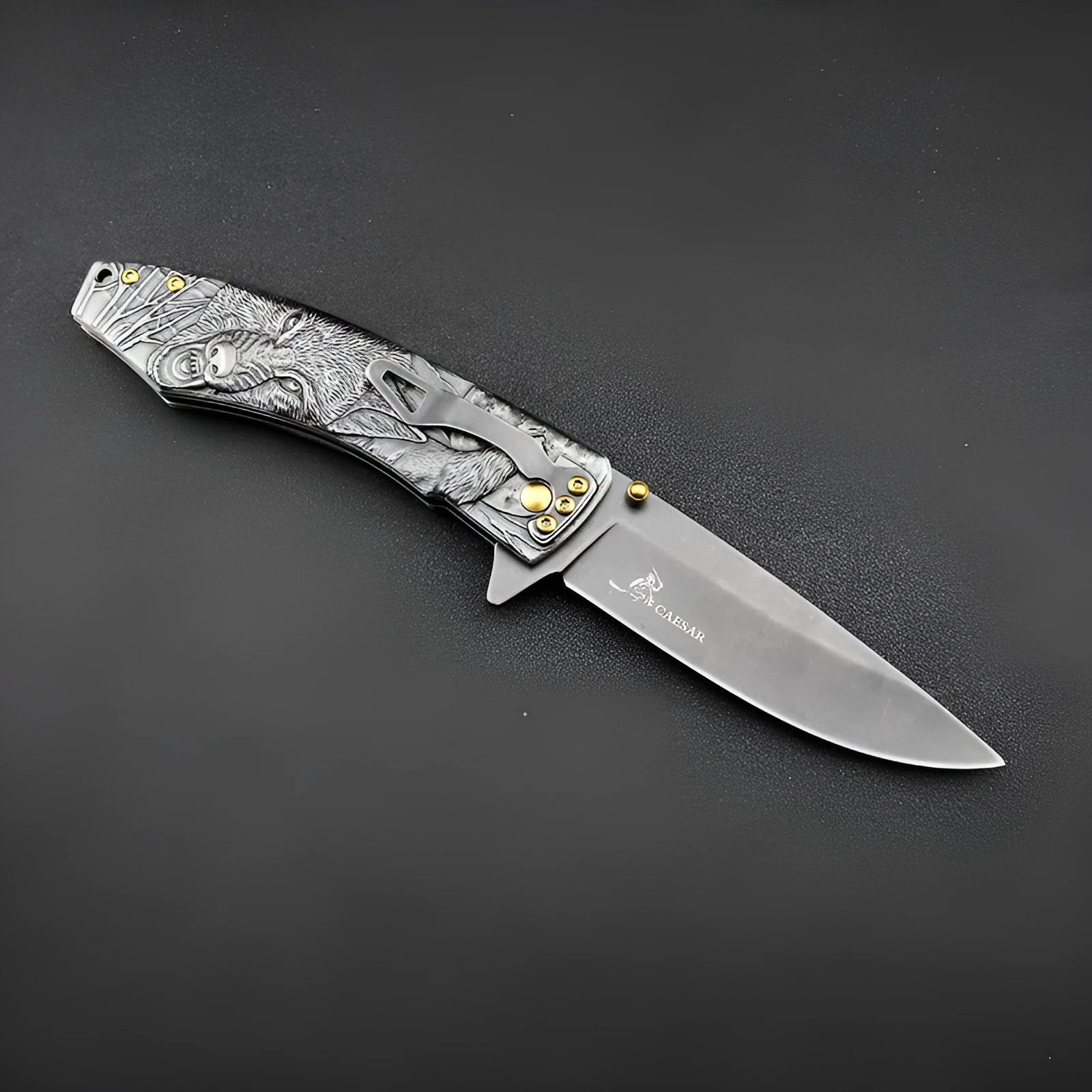 High hardness 7cr17Mov folding survival knife with stone wash blade and stainless steel handle
