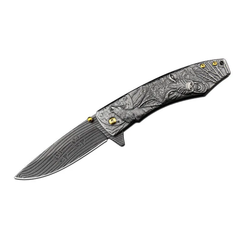 High hardness 7cr17Mov folding survival knife with stone wash blade and stainless steel handle