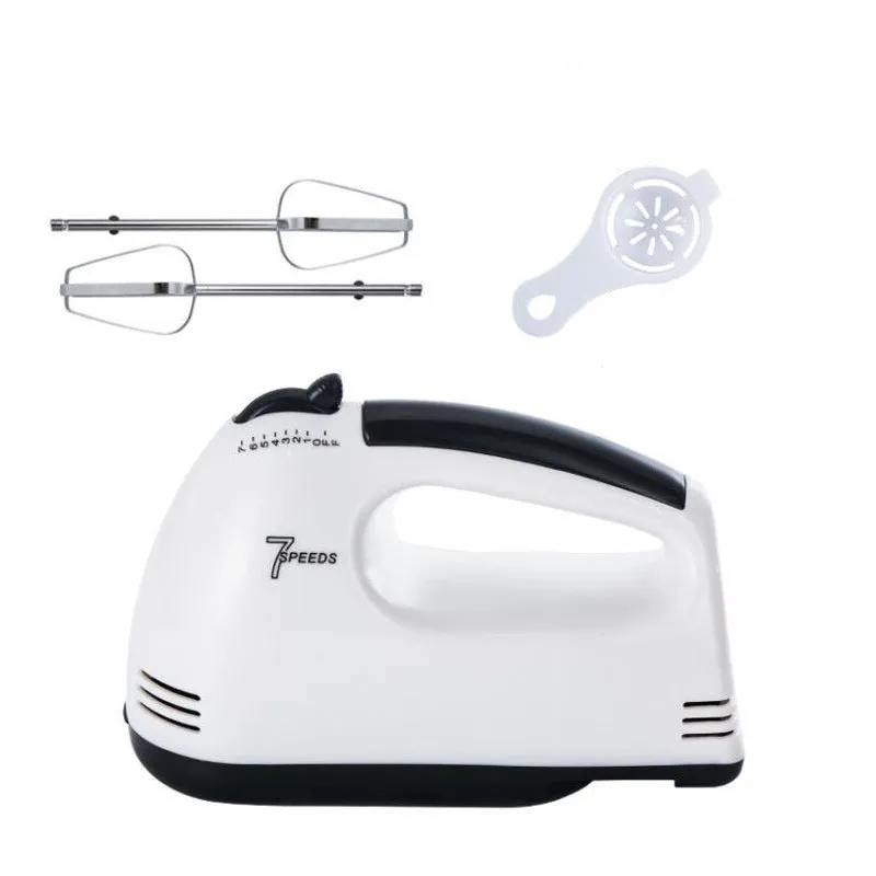 Small white automatic egg whisk 150W 7-speed handheld with three attachments on white background