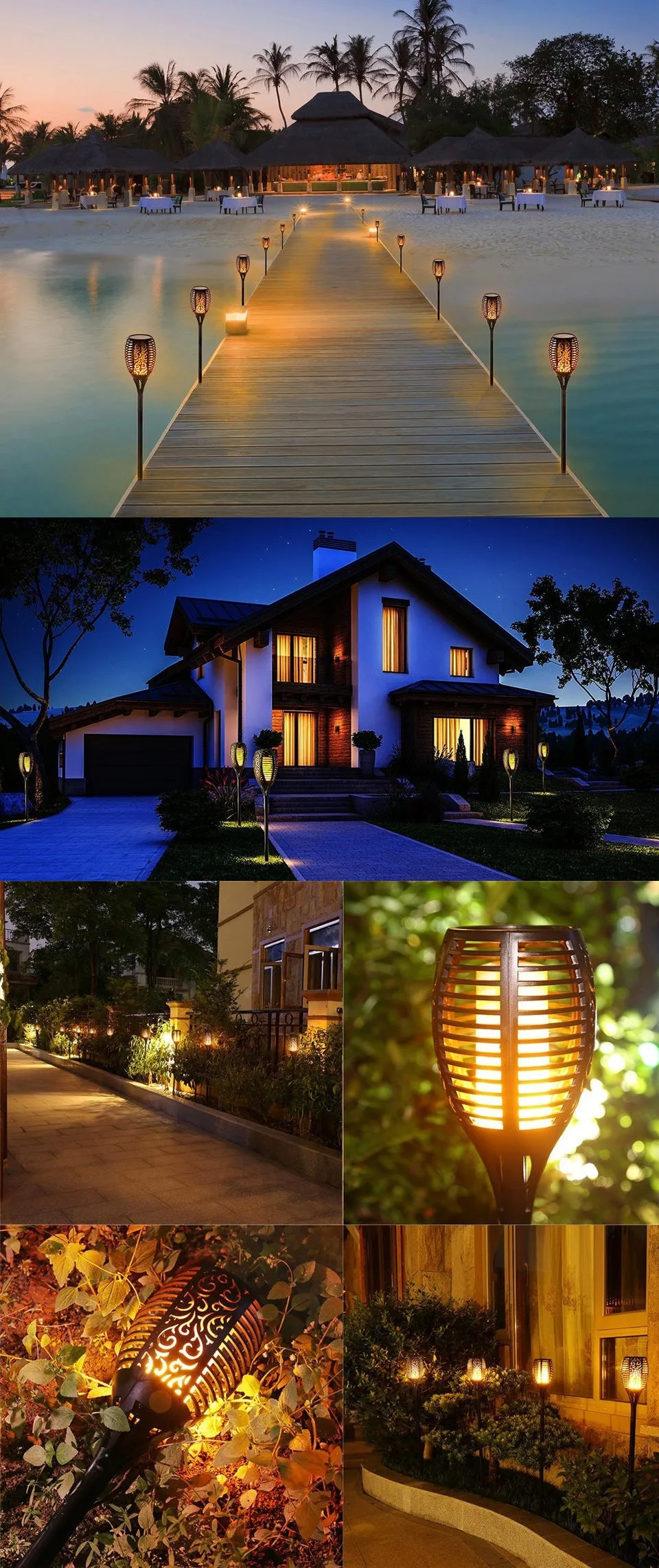LED solar flame flickering lawn lamp with 96 warm white LEDs, 83cm tall, black finish, on a lawn with ground spike