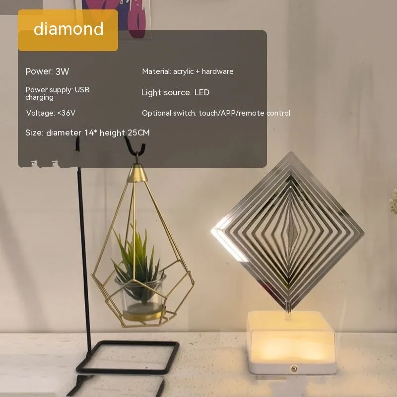 Creative rotating ambience LED night light with 16 colour remote control, acrylic and metal construction