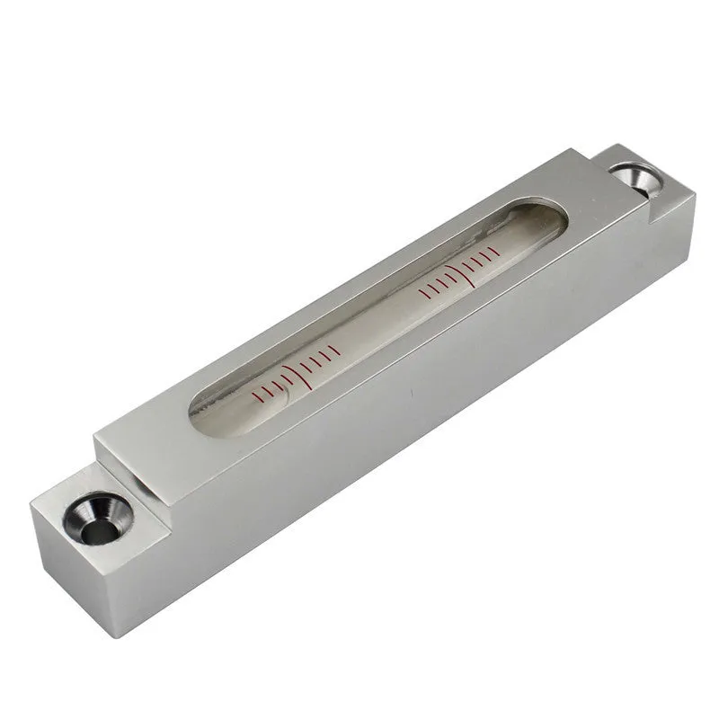 Mini strip spirit level with metal frame and glass bubble vials showing 132mm length