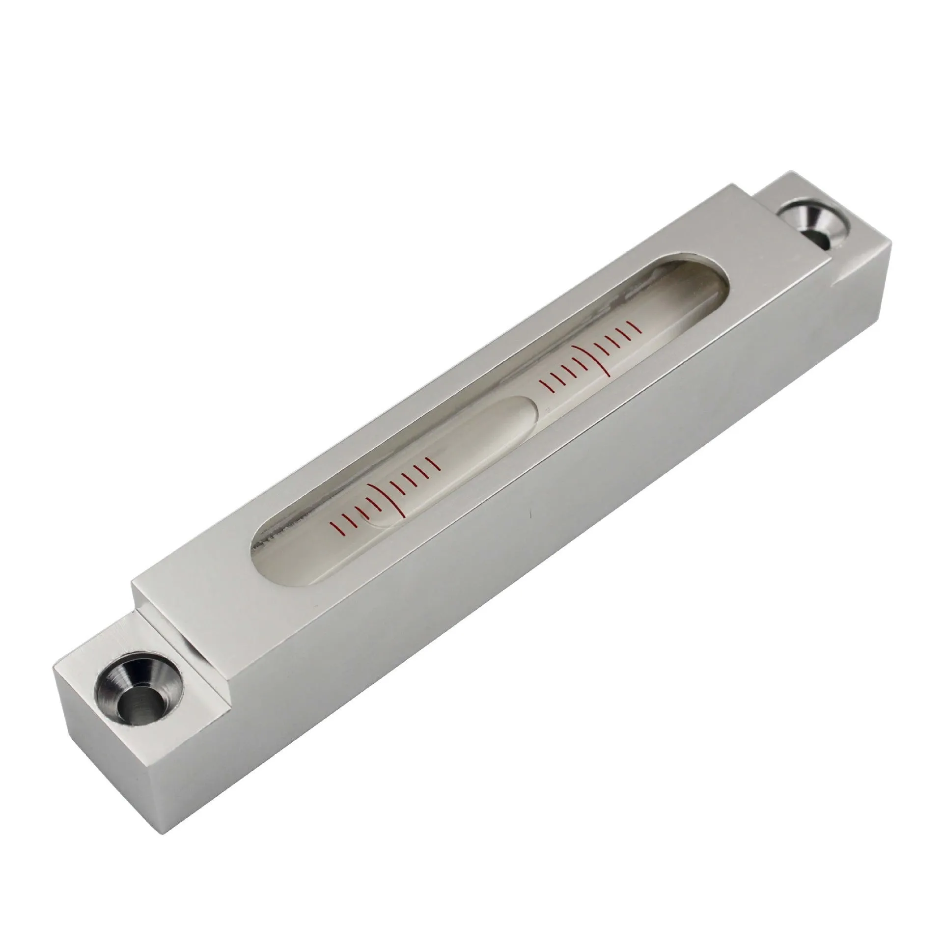 Mini strip spirit level with metal frame and glass bubble vials showing 132mm length
