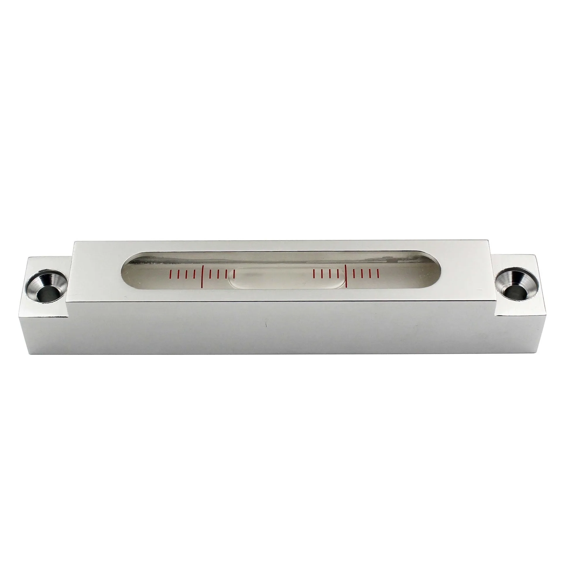 Mini strip spirit level with metal frame and glass bubble vials showing 132mm length
