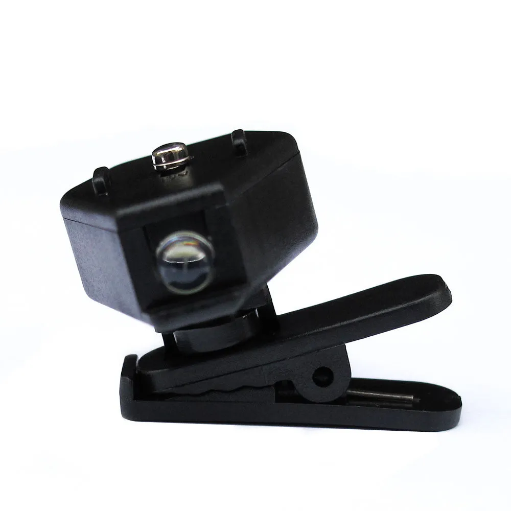 Mini LED flashlight glasses light with black clip and 360-degree rotating head attached to glasses
