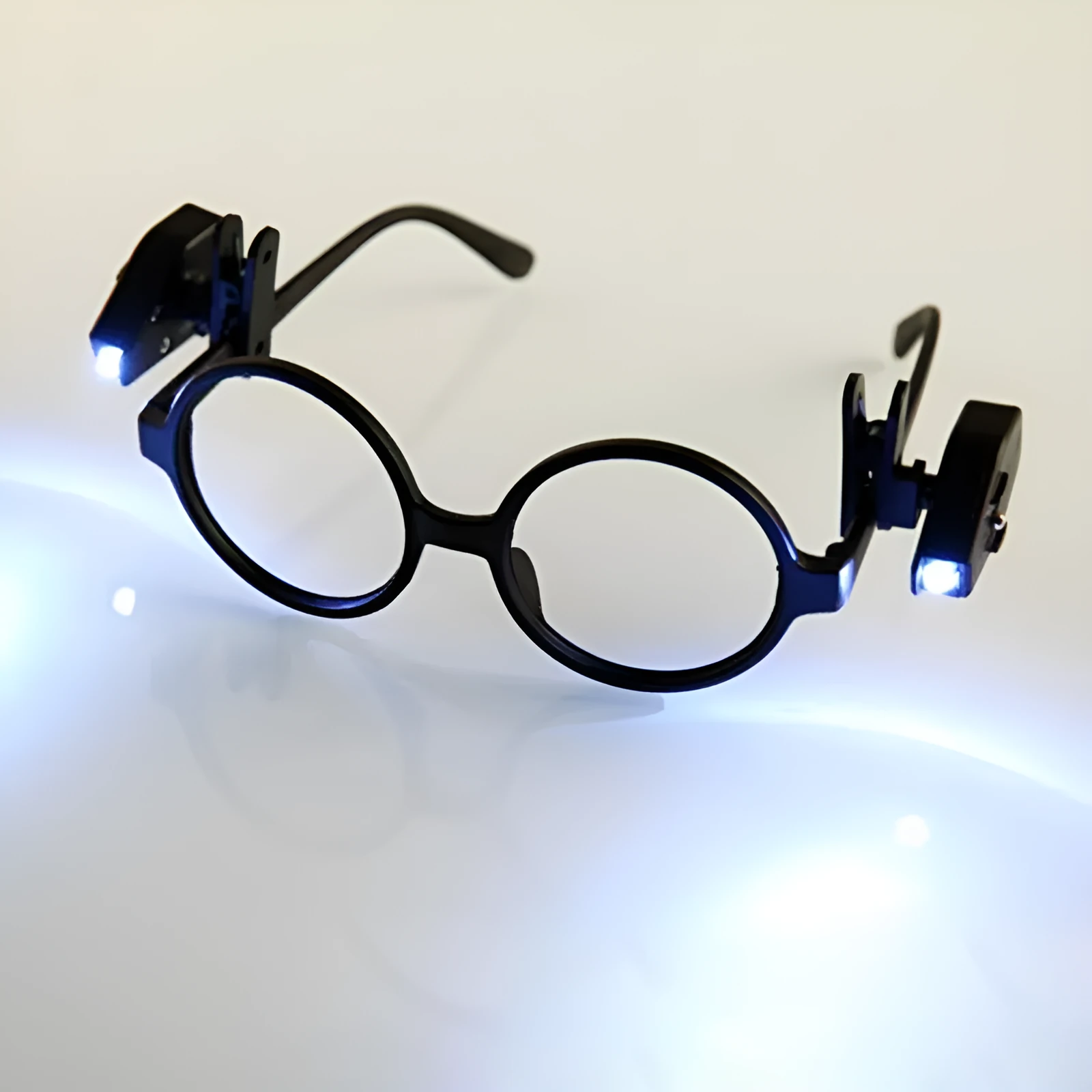 Mini LED flashlight glasses light with black clip and 360-degree rotating head attached to glasses