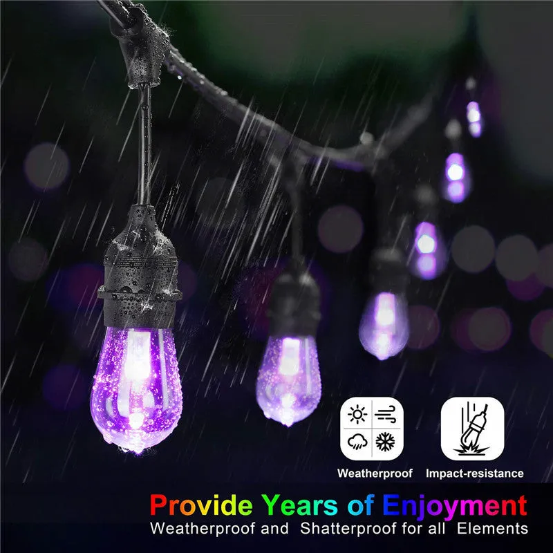 15m RGBW LED string lights with 15 Edison bulbs for outdoor garden patio use