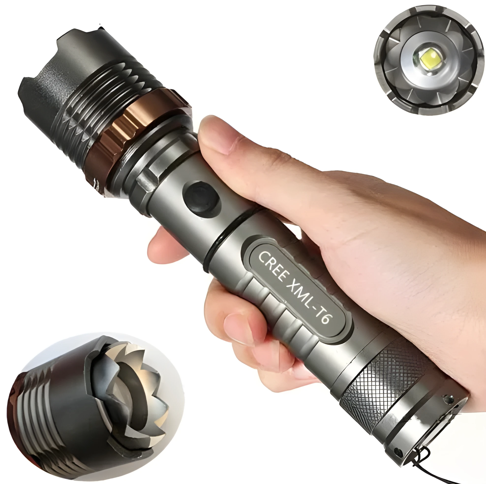 Grey CREE T6 LED flashlight with crenellated strike bezel and adjustable focus