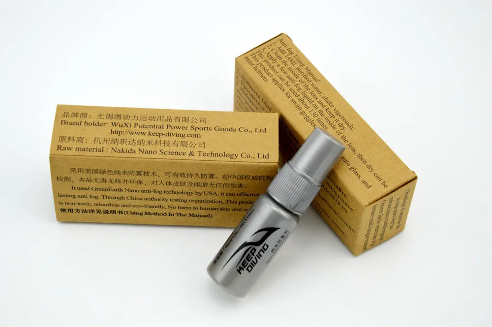 Anti-fog liquid bottle with 15ml and 20ml options for glasses, goggles, and camera lenses