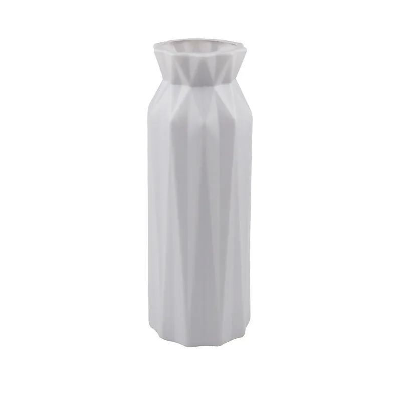 Drop-resistant plastic melamine vase in green, grey, pink, or white colour on a table.