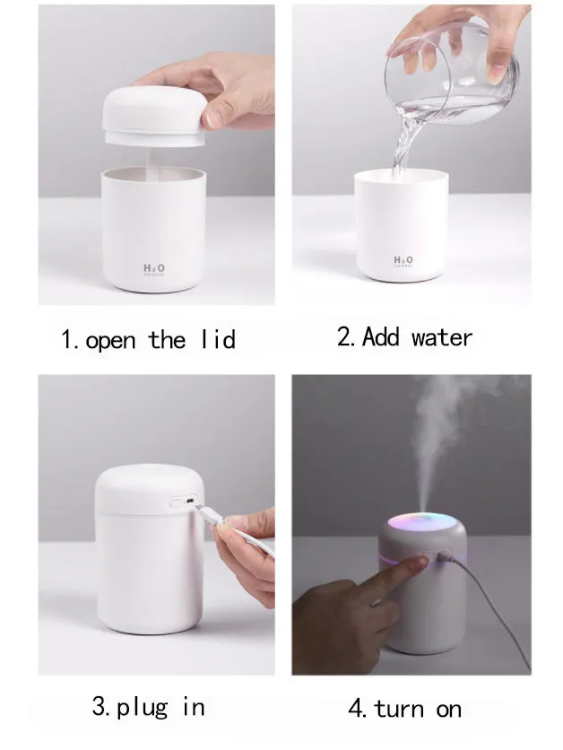 Ultrasonic aromatherapy essential oil diffuser with 300ml water tank and coloured night lights, compact for home or office use